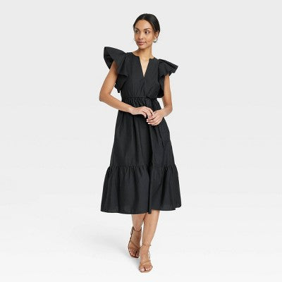 Women's Flutter Short Sleeve Poplin Tiered Midi Dress